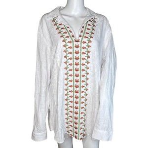Inc International‎ Concept Shirt Women Large White Multi Embroider Boho Bohemian